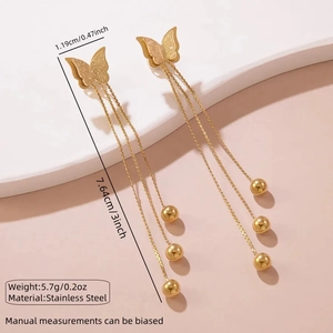 Elegant gold stainless steel butterfly tassel drop earrings with long chain fringe pendants
