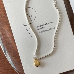 Minimalist S925 silver beaded snake chain bracelet with polished gold heart charm