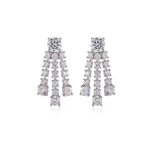 Elegant silver tassel drop earrings with sparkling round-cut zircon stones in claw setting