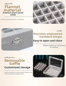 Detail of high-quality metal hinge and gray velvet texture on jewelry organizer box