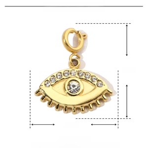 Detail view of 15mm gold evil eye pendant with rhinestones and precise dimensions