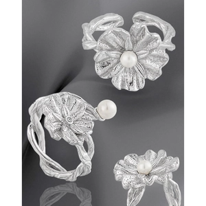 Elegant S925 sterling silver flower ring with pearl, three professional studio angles