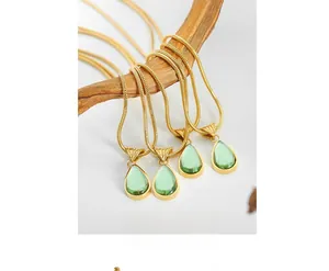French vintage gold snake chain necklaces with light green waterdrop stone pendants