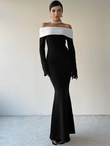 Elegant off-shoulder black and white contrast long sleeve slim fit fishtail maxi dress