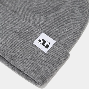 Grey knit beanie with panda patch, thick ribbed winter warm hat for men and women