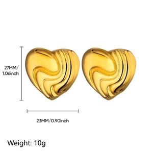 Textured 18K gold stainless steel heart stud earrings shown with size dimensions
