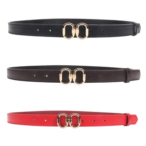 Women Belt Fashion PU Leather Thin Waist Strap With Double Circle Gold Alloy Buckle Versatile Accessory For Dress Jeans