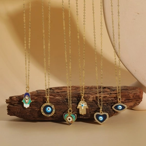 Vintage Copper Zirconia Evil Eye Pendant Necklace For Women Gold Plated Enamel Hamsa Hand Heart Circle Choker Jewelry Gift