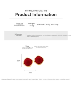 Detail shot of red flocked square stud earrings in alloy frame with size 2cm and weight 10.3g