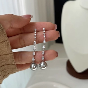 Elegant Long Drop Earrings For Women Cubic Zirconia Water Drop Inlaid Faux Artificial Pearl 925 Sterling Silver Earring Post