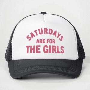 Detail of Saturdays Are For The Girls slogan printed on white foam trucker hat