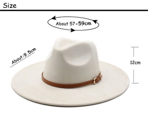 Size chart for white felt jazz hat showing 9.5cm wide brim and 12cm crown height