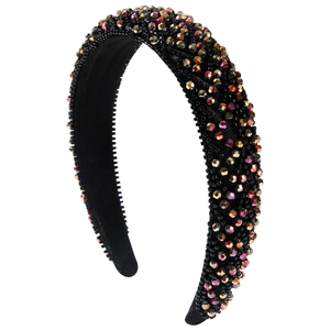 Serre-tête rembourré fait main avec perles de cristal colorées sur base large en velours