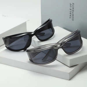 Y2K punk wraparound sunglasses in black and grey, lightweight windproof eyewear for women