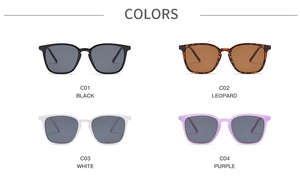 Selection of retro square sunglasses in black, leopard, white, and purple colors