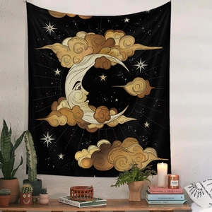 Bohemian gold moon and clouds tapestry wall hanging for living room mystical decor