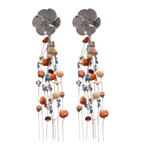 Floral silver needle earrings with bohemian colorful tassel beads and crystal accents