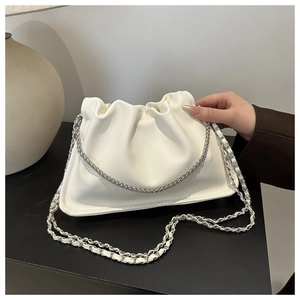 Chic white drawstring bucket bag with silver chain strap in soft pleated PU leather