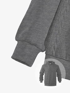 Detail of dark grey hoodie featuring cable knit texture and ribbed elastic cuffs close-up