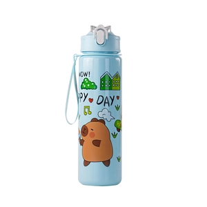 Cute blue Capybara water bottle for kids with flip lid and portable carry strap