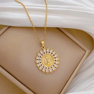 Golden titanium portrait medallion necklace with crystals on silk and jewelry box