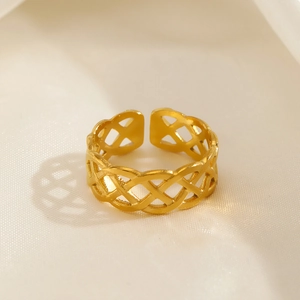 Minimalist 18K gold plated stainless steel open ring with a braided hollow texture design