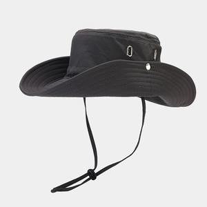 Cappello parasole impermeabile grigio scuro a tesa larga con bottoni e laccetto