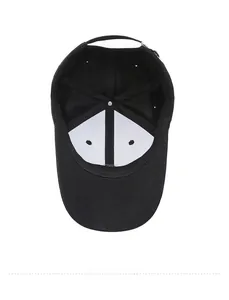Interior view of black cotton baseball cap showing six-panel stitching and white lining