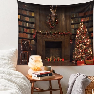Detailed Christmas tree tapestry wall hanging showing a cozy festive library scene