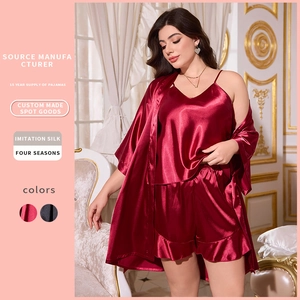 Women Plus Size Satin Robe Camisole And Shorts Set V Neck Nightwear Solid Color Lounge Pajamas Smooth Polyester Sleepwear Set