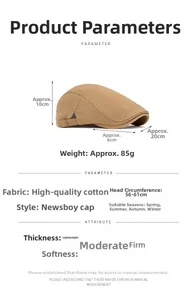 Detailed size specifications for khaki cotton flat cap including height and circumference