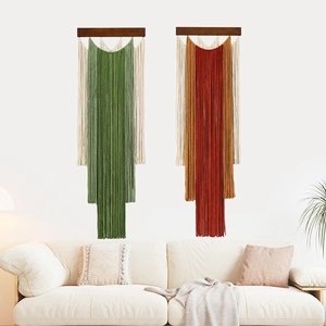 Bohemian handmade woven macrame wall hanging with wooden beam in colorful tassel designs