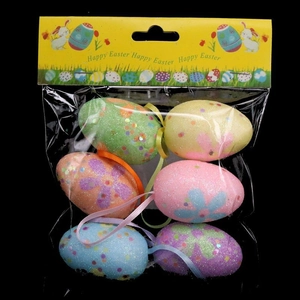 Set of 6 colorful Easter eggs with glitter patterns and Happy Easter card packaging