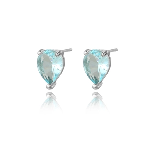 Pear-shaped light blue gemstone stud earrings with silver base on white background