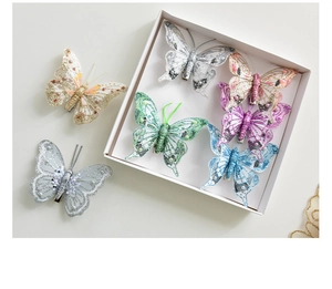 Detailed view of colorful sequin butterfly hair clips with pearls for Christmas decor