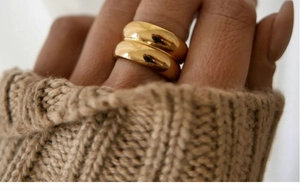 Close-up of 18K gold plated double-layer titanium steel rings worn by a model
