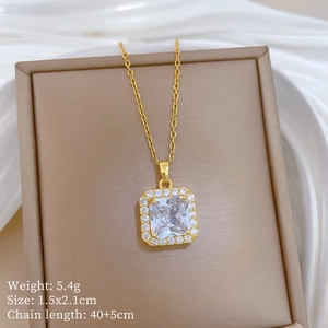 Detail of square zircon pendant with crystal halo on gold chain with dimensions