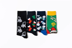 Detail view of 4-pack holiday socks featuring pug, snowman and tropical Christmas patterns