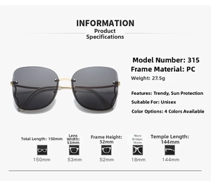 Detailed size specifications and technical measurements for rimless gradient sunglasses
