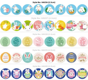 Detail of 2.5cm Happy Easter round labels with colorful rabbits and eggs patterns