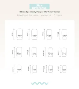 Detailed size chart for square press-on nails featuring 12 different size specifications