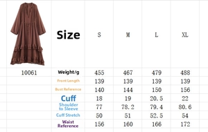 Size chart showing detailed measurements and weight for the bohemian chiffon long dress