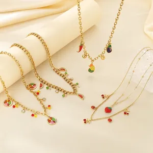 Gold Plated Stainless Steel Fruit Vegetable Pendant Necklace Enamel Strawberry Cherry Corn Jewelry Gift For Women