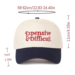 Detailed size chart for retro canvas baseball cap with embroidery and contrast brim