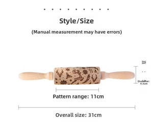 Close-up of engraved deer and snowflake patterns on a 31cm wooden rolling pin for baking