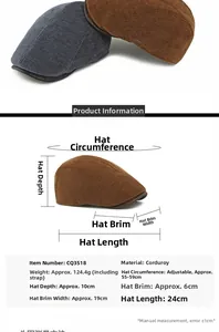 Size guide for corduroy beret showing adjustable circumference and product dimensions