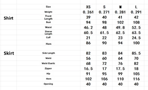 Detailed size chart for crop top and long skirt set with coconut tree embroidery detail