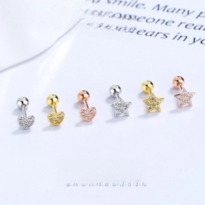 Set of tiny star and heart cartilage studs with sparkling zircon stones and screw backs