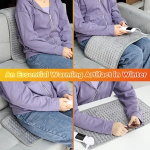 Four-panel view of heated plush pad used for back, knees, seat, and desk warming