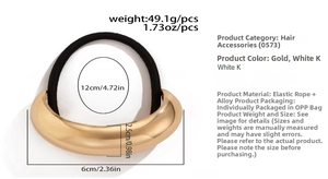 Detail showing dimensions and 49g weight of the minimalist gold alloy elastic hair tie